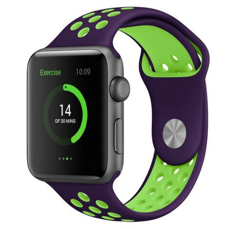 Curea iUni compatibila cu Apple Watch 1/2/3/4/5/6/7, 44mm, Silicon Sport, Purple/Green