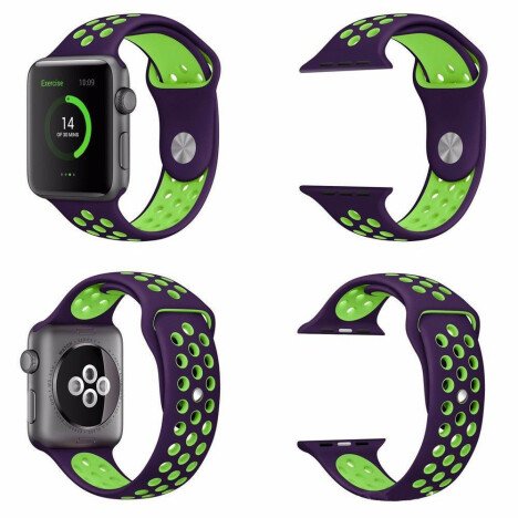 Curea iUni compatibila cu Apple Watch 1/2/3/4/5/6/7, 44mm, Silicon Sport, Purple/Green